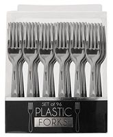 Premium Reusable Heavyweight Plastic Metallic Fork Set, 96Count, Silver