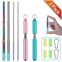 Reusable Straws - Comvin Metal Collapsible Stainless Steel Drinking Straw with Travel Case 2-Pack Turquoise/Rose Pink