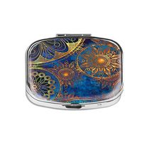 Pill Box - Compact 2 Compartment Medicine Case, Pill Box for Pocket or Purse(Blue Background Versus Gold Gears) Rectangular