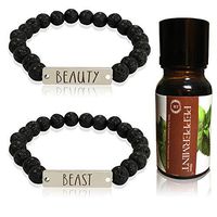 Beauty Beast Lava Rock Stone Bead Bracelet & Aromatherapy Peppermint Essential Oil for Stress Relief Stainless Steel Plated Couples His, Hers, Women Men Gift Set Engagement Wedding Present, Valentiine