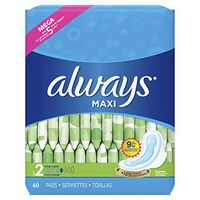 ALWAYS Maxi Size 2 Super Pads With Wings Unscented, 60 Count