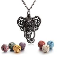 Black Lucky Elephant Lava Rock Necklace Aromatherapy Essential Oil Diffuser Locket Pendant Charms Necklace, with 24" Chain, Multi-Colored Lava Stone Diffuser Beads (Gun Black)