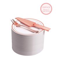 100 Count Disposable Cake/Dessert Plates/Premium Quality Heavyweight Tableware Set/Elegant Plastic Plate & Cultery Sets: 7.5" Rose Gold Trim Plate & Plastic fork- 2 pcs Bouns Cake Knife