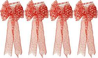 4 Valentine Red Glitter Wired Satin Bows with White Heart Design! 9.85x22.83IN