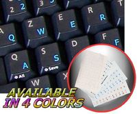 ENGLISH US KEYBOARD STICKERS WITH BLUE LETTERING ON TRANSPARENT BACKGROUND