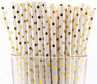 Pack of 150 Gold Polka Dot Foil Biodegradable 4-Ply Paper Drinking Straws (Compostable, Non-toxic, BPA-free)