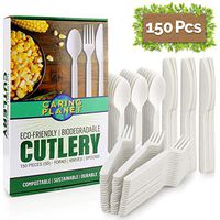 Caring Planet Compostable Cutlery - Forks Knives Spoons – (150) pcs Durable, Biodegradeable Utensils, Eco-Friendly Plant Based Cutlery (50) Forks, (50) Knives, (50) Spoons, Easy Store Box