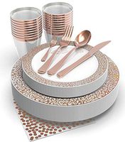 200 Piece Rose Disposable Plates Set, Includes : 50 Rose Gold Plastic Plates, 25 Rose Gold Plastic Silverware, 25 Rose Gold Cups, 25 Rose Gold Napkins - 25 Guest - Rose Gold Plastic Plates Set