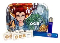 Bundle-5 Items-Artist Series OCB Rolling Tray with OCB Sophistique 1 1/4 Rolling Papers with Tips, Clipper Lighter and Rolling Paper Store Storage Tube