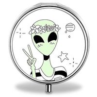 Alien Girl Pill Case, Round Stainless Drug Organizer Container Medicine Cover for Pocket Daily&Weekly