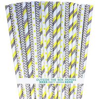 Paper Straws - Gray Yellow White - Stripe Chevron Polka Dot - 7.75 Inches - 100 Pack - Outside the Box Papers Brand