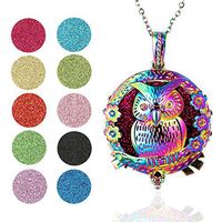 Soleebee Aromatherapy Essential Oil Diffuser Necklace Stainless Steel Locket Pendant Necklace 19.7'' Perfume Necklace with 10 Felt Pads (Colorful Owl)