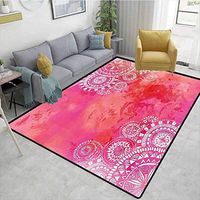 Bigdatastore Polka Dot Area Rug Non Slip Pad, Pink Watercolor Paint Background with White Hand Drawn Doodles Motifs, Fashionable High Class Living Bedroom Rugs(3'x 5')