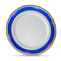 [10 Count - 10" Plates] Laura Stein Designer Tableware Premium Heavyweight Plastic White Dinner Plate With Blue & Gold Border Plastic Party & Wedding Plate Cobalt Blue Series Disposable Dishes