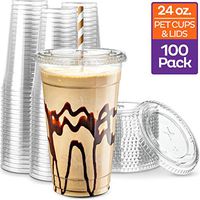 Stack Man [100 Sets - 24 oz.] Clear Plastic Cups with Straw Slot Lid, PET Crystal Clear Disposable 24oz Plastic Cups with lids
