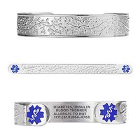 Divoti Custom Engraved Medical Alert Bracelets for Women, Stainless Steel Medical Bracelet, Medical ID Bracelet w/Free Engraving - Lovely Filigree Olive w/6" Cuff(fits 6.5-8.0")-Stainless/Light Blue