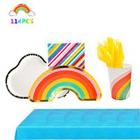 Ipalmay 114 Piece Rainbow Theme Party Supplies Set Disposable Tableware Kit Including Plates, Cups, Napkins, Spoons, Forks, Knives, Tablecloth, Serves 16