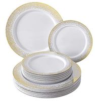 Elegant Plastic DINNERWARE 240 PC Set | 120 Dinner Plates | 120 Salad Plates | Heavy Duty Plastic Plates | Fine China Look | Ocean Mist Collection (Gold/White)