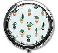 Cactus Design New Silver Round Pill Box Decorative Metal Medicine Vitamin Organizer Unique Gift,No Separation, an Entire Storage Space