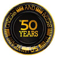Crisky 50th Birthday Plates Black and Gold Dessert, Buffet, Cake, Lunch, Dinner Plates for 50th Birthday Decorations Party Supplies, Cheers and Beers to 50 Years! 50 Count, 9" Plate