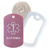 Asthma Medical Alert ID Necklace with Pink Tag, White Silencer, and 30'' USA Chain - 154 Color Choices