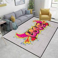 Love Solid Door Mat Welcome, Valentines Lettering Wall Brushing Dripping Street Wings Illustration, Durable Carpet Area rug - Living Dinning Room Bedroom Rugs and Carpets(6'x 9') Beige Pink Yellow Red