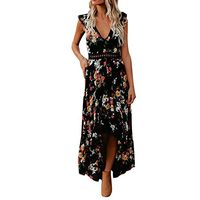 Floral Dresses for Women Sleeveless Deep V Neck Maxi Dress with Asymmetrical Hem Black
