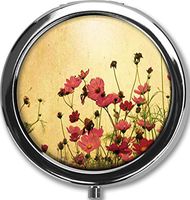 Red Flower Custom Round Black Pill Case Pocket 2.1 inches Medicine Tablet Holder Organizer Case for Purse/Three-Compartment Pill Box/Black Pill Case