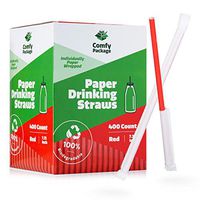 [400 Pack] Paper Drinking Straws - Individually Paper Wrapped - 100% Biodegradable - Red