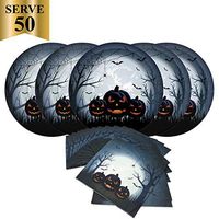Halloween Angry Pumpkin Paper Party Pack-Serves 50 Includes 10 Inches Big Paper Plates and Luncheon Napkins