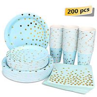 Blue and Gold Party Supplies - 200PCS Disposable Blue Paper Plates Dinnerware Set Gold Dots 50 Dinner Plates 50 Dessert Plates 50 9oz Cups 50 Napkins Wedding Birthday Party Baby Shower Christmas
