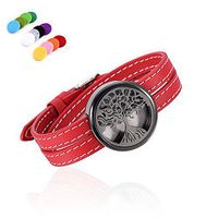 constantlife Tree of Life Stainless Steel Fragrance Jewelry Adjustable Genuine Leather Band Bracelet Essential Oil Diffuser with 12 Pads (Red and Black)