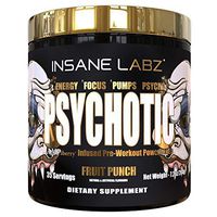 Insane Labz Psychotic Gold, High Stimulant Pre Workout Powder, Extreme Lasting Energy, Focus, Pumps and Endurance with Beta Alanine, DMAE Bitartrate, Citrulline, NO Booster, 35 Srvgs, Fruit Punch