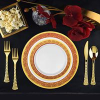 Set of 32 Disposable Dinner Plates Bundle Combo | Premium Quality Firm White Plastic | Elegant Gold on Burgundy Designed Rims | Bulk Qty 16x 10.25'' Dinner Plates + 16x 7.25'' Salad Plates