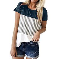 Kiyotoo Women's Casual Short Sleeve Round Neck Patchwork Top Triple Color Block Stripe T-Shirt Tunics Blouse Navy