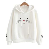Womans Fashion Hoodies Pullover Cat Printing Elegant Female Sweatshirts Warm Long Sleeve Tops with Drawstring (XXL, White)