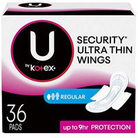 U by Kotex Security Ultra Thin Pads with Wings, Unscented, Regular, 36 Count