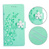 Diamond Strap Mint Green Wallet Case for iPhone 11 6.1" 2019,Aoucase Luxury 3D Crystal Flower Magnetic Bling Cute Peach Blossom Print PU Leather Soft TPU Stand Flip Case with Black Dual-use Stylus