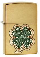 Zippo Four Leaf Clover Emblem Pocket Lighter, Brushed Brass