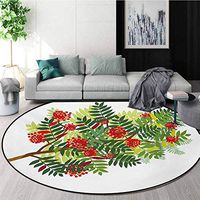 Rowan Rug Round Home Decor Area Rugs,Graphic Tree Branch With Green Colored Leaves And Berries Seasonal Non-Skid Bath Mat Living Room/Bedroom Carpet,Diameter-35 Inch Red Dark Green Appple Green