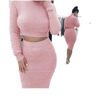 Iumer 2pcs Women Sweater Skirt Set Autumn Winter Long Sleeve High Collar Cropped Top and Pencil Skirt Knitted Suit,Pink,L