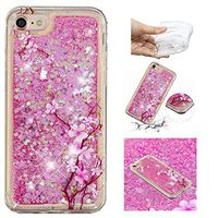 Liquid Glitter Case for iPhone 7/8,Aoucase Cartoon Pattern Luxury 3D Diamond Sparkle Quicksand Shockproof Anti-Scratch Soft Bumper Case with Black Dual-use Stylus,Peach Blossom