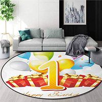 1St Birthday Washable Creative Modern Round Rug,Little One Toddler First Party With Boxes And Must Have Colorful Balloons Coffee Table Mat Non-Skid Living Room Carpet Diameter-39 Inch,Red And Yellow