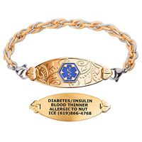 Divoti Custom Engraved Medical Alert Bracelets for Women, Stainless Steel Medical Bracelet, Medical ID Bracelet w/Free Engraving – PVD Gold Lovely Filigree Tag w/Inter-Mesh Gold/Silver-TP Blue-7.5"
