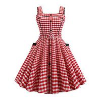 Women's Vintage 1950s Plaid Pocket Swing Dress Retro Sleeveless Cocktail Party Dresses with Sash for Teen Girls (Red, S)