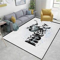 YucouHome Hockey Plants Door Mats Outside Funny, Grunge Sketch Art of a Professional Player Silhouette and Text with Dots, Fashionable High Class Living Bedroom Rugs(2.5'x 7') Black White Pale Blue