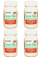 ( Pack Of 4 ) MAJOR FERATE ELEMENTAL IRON 27MG TAB FERROUS GLUCONATE-27 MG Green 100 TABLETS UPC 309046403609
