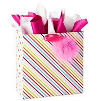 Hallmark Signature 10" Large Gift Bag with Tissue Paper, Pink Pom Pom with Multicolored Stripes for Baby Showers, Bridal Showers, Birthdays, Mother's Day and More