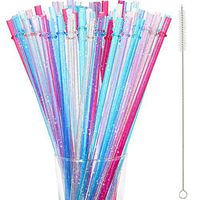 48 Pieces 11 inch Reusable Plastic Straws Without BPA, Colorful Glitter Straws Replacement Drinking Straws for 40/30/24 oz Jar and Tumblers, with Cleaning Brush Straws Cleaner