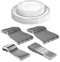 25 Guest Disposable Silver Party Dinnerware Set | Heavy Duty Plastic Plates & Silverware | Wedding Tableware includes 50 Forks, 25 Spoons, 25 Knives, 25 Dinner Plates, 25 Dessert Plates (150 pieces)